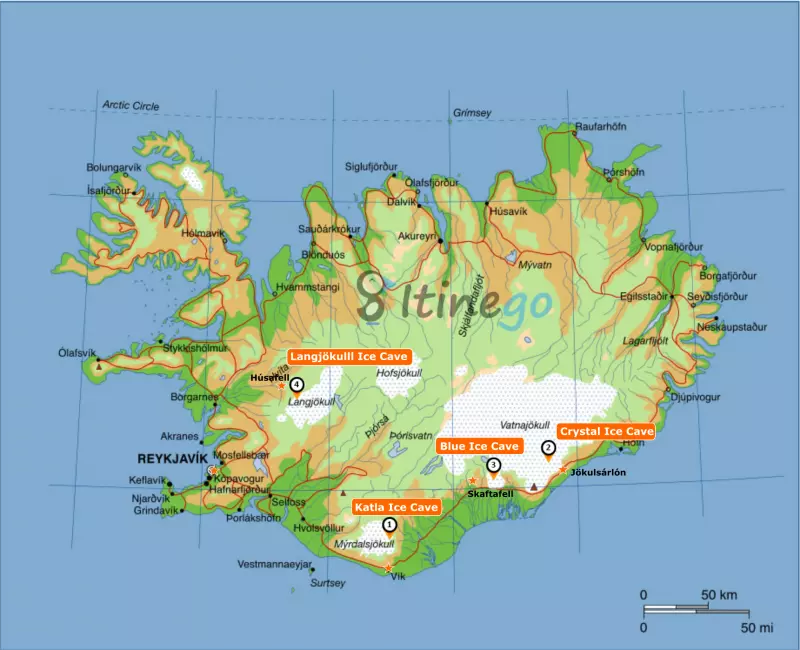 Carte des grottes de glaces en Islande